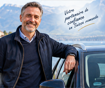 Illustration de la maquette : un homme près d’un véhicule, au bord d’un lac suisse avec les montagnes en arrière-plan